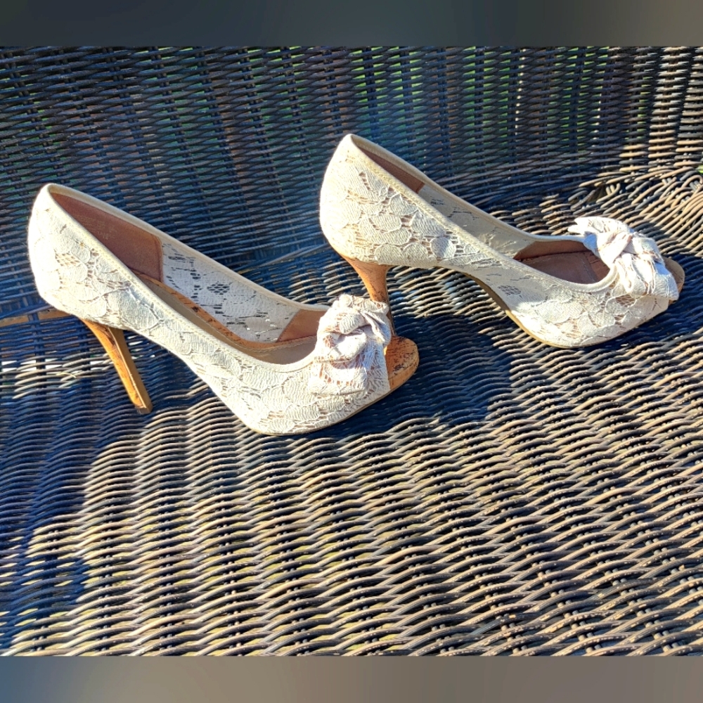 Lace Cork Heels with Bow